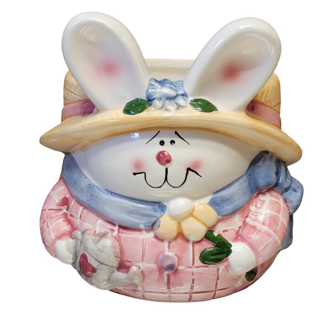 Easter Bunny Planter Ceramic Hat Holding Flowers Watering Can Plaid Shirt Spring